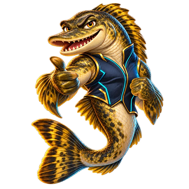 Mascote traíra da LSLOL, um peixe de sorriso esperto com colete de e-sports
